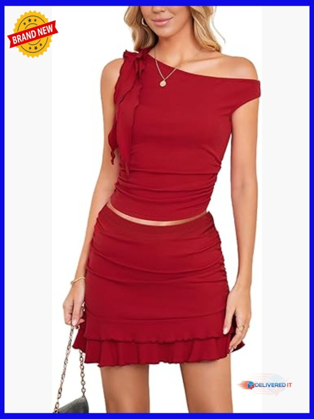 Off Shoulder 2 Piece Skirt Set Sleeveless Ruffle Mini Y2K Going Out Outfit